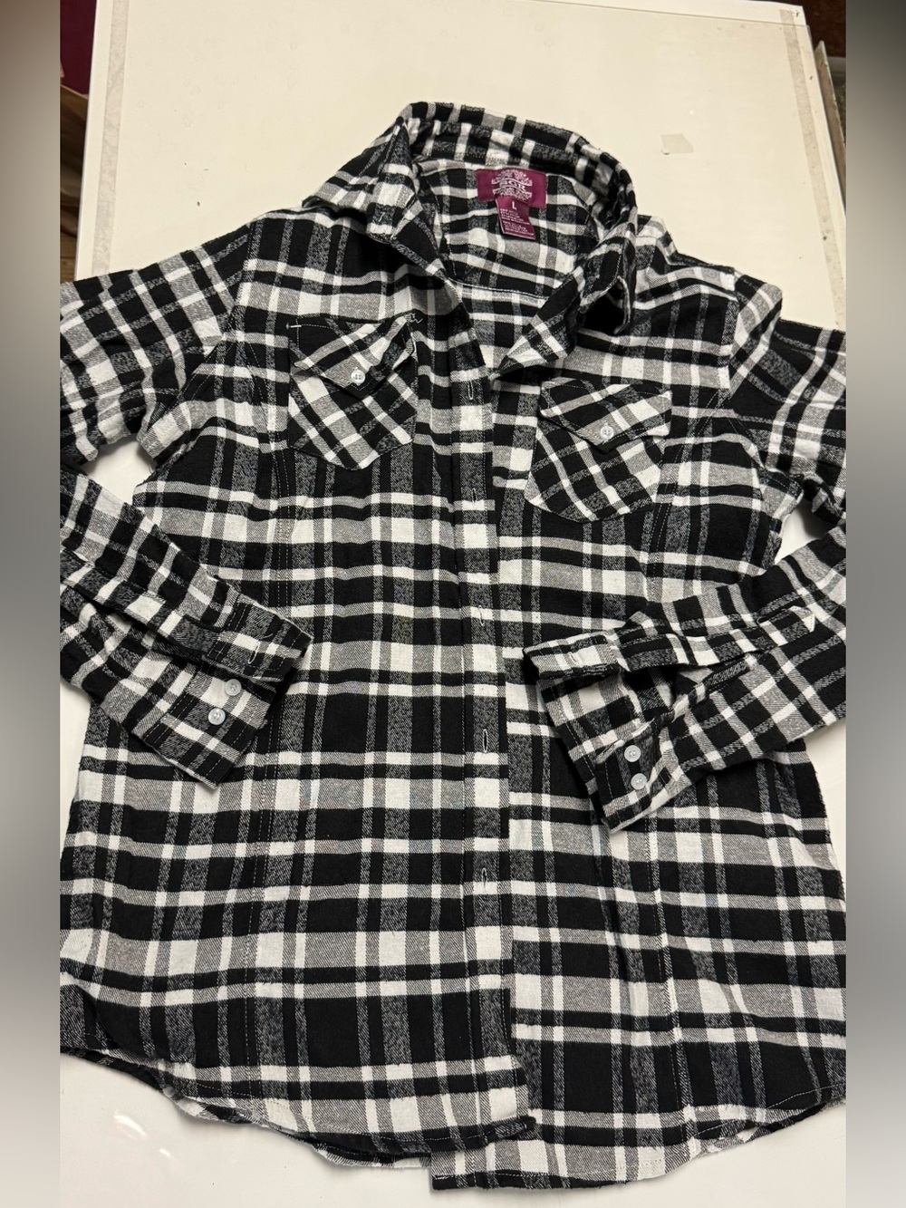 SGR Black & White Plaid Flannel Women's Button-Front Shacket Jacket size large